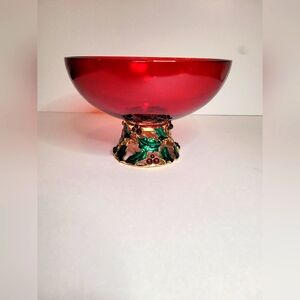 Teleflora Red Glass Christmas Holiday Pedestal  Candy Bowl